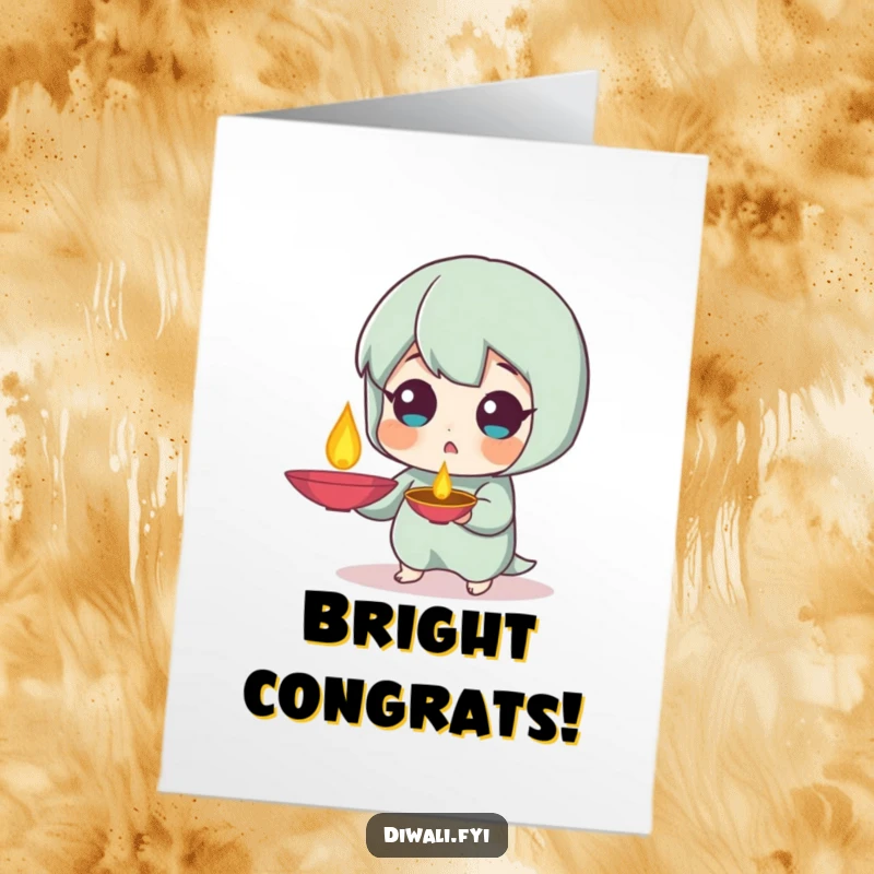 Funny Free Printable Congratulations Card: Small character with a surprised expression, holding a diya lamp, radiating joy.