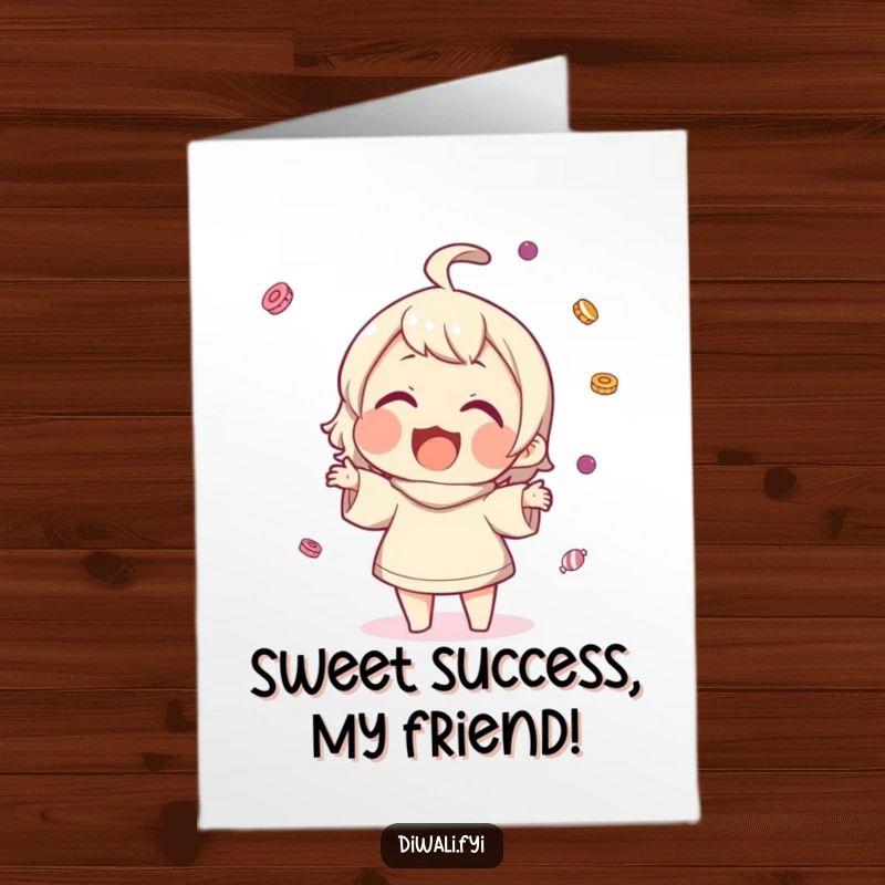 Funny Free Printable Congratulations Card: Character gleefully tossing small sweets in the air with a wide smile, celebrating.