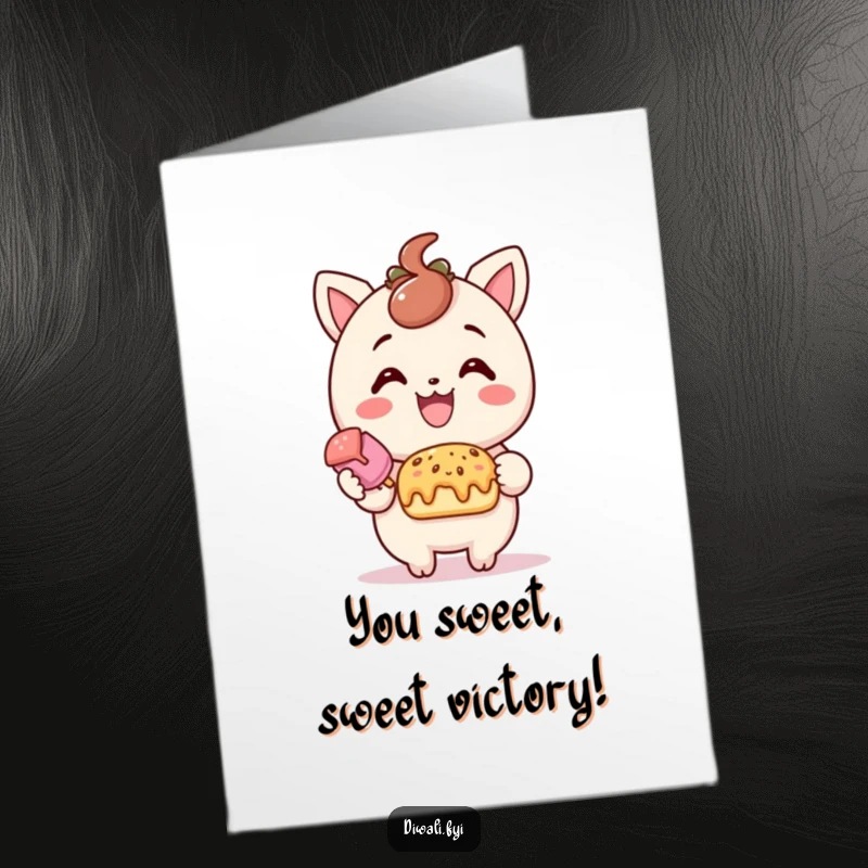 Funny free printable congratulations card of a delighted character offering a sweet treat with a big smile, a delightful way to applaud success.