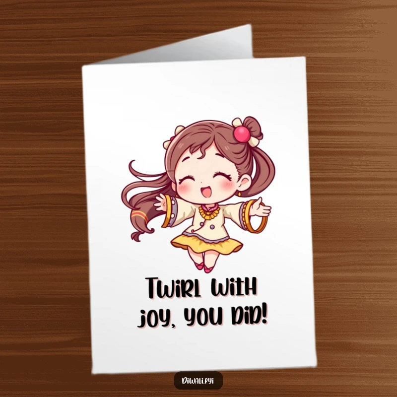 Funny Free Printable Congratulations Card: Character twirling with colorful festive bangles, a joyful print-at-home celebration of success.