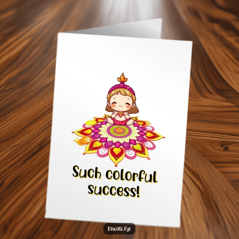 Funny Free Printable Rangoli Decorator Congratulations Card: Delighted character making a colorful rangoli to celebrate.