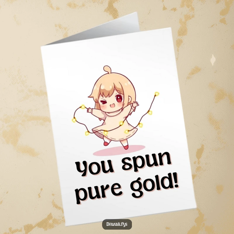 Funny Free Printable Character Congratulations Card: Character spins playfully with string of lights, celebrating success. Downloadable card.