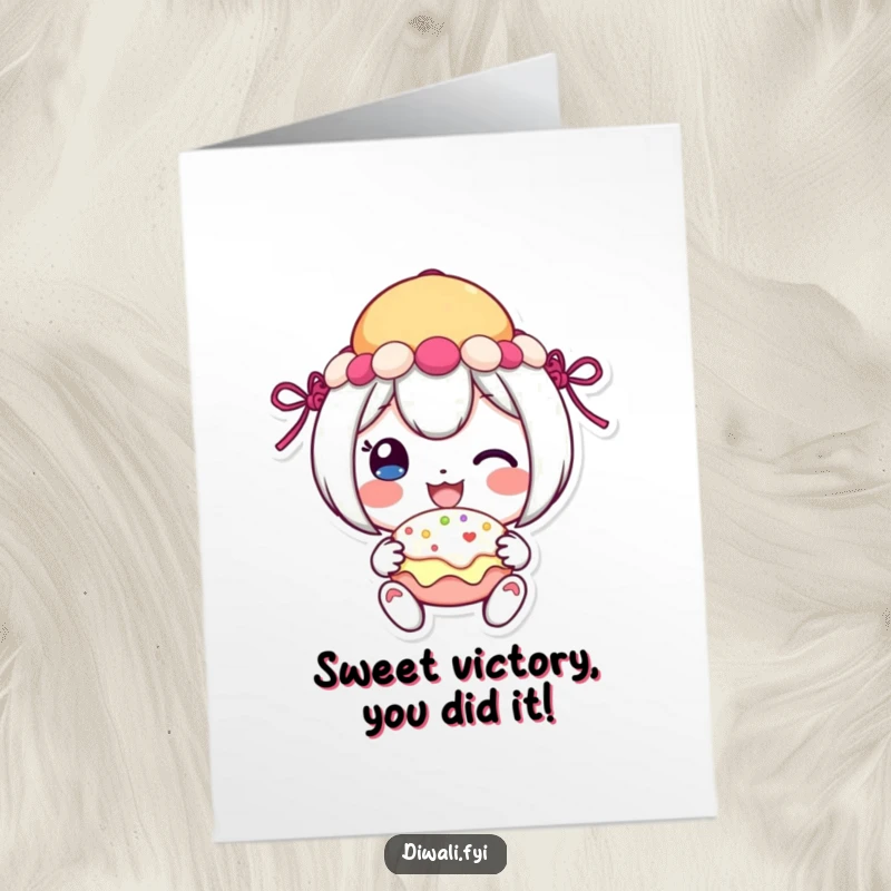 Funny Free Printable Congratulations Card: Cheerful character smiles while sharing a festive sweet.