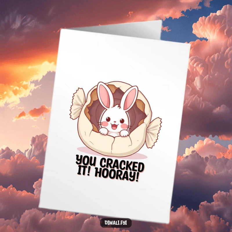 Funny Free Printable Congratulations Card: A startled bunny peeking out from a huge, torn sweet wrapper, celebrating a sweet win.