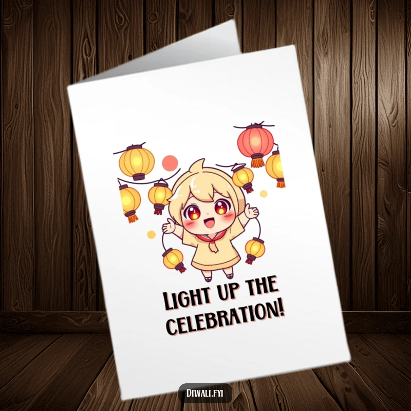 Funny Free Printable Congratulations Card featuring a playful character with wide, excited eyes juggling luminous lanterns, signifying accomplishment.