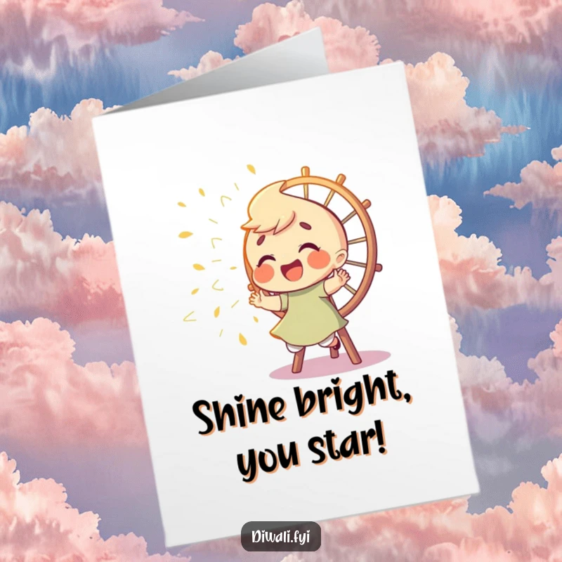 Funny Free Printable Congratulations Card: Giggling character chasing playful sparks from a Catherine wheel in celebration.