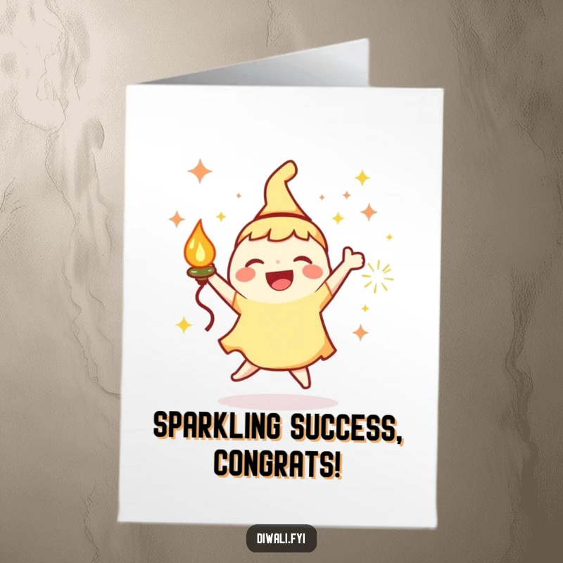 Funny Free Printable Congratulations Card: A happy character dances with a bright lamp and dazzling sparks, symbolizing a brilliant success.