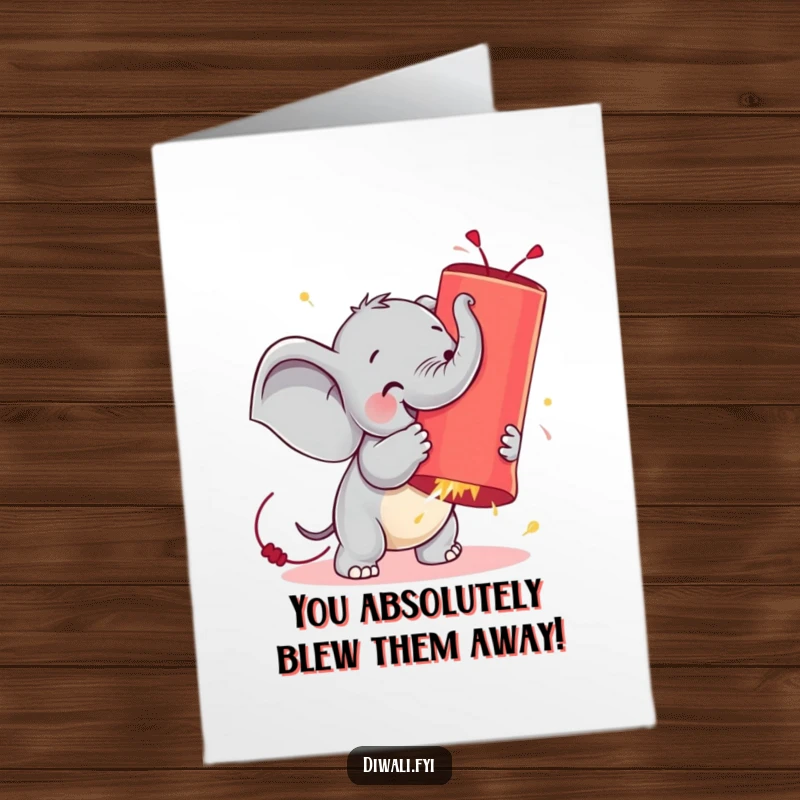 Funny Free Printable Congratulations Card: Tiny elephant comically wrestling a huge, glowing firecracker, symbolizing a big, explosive achievement.