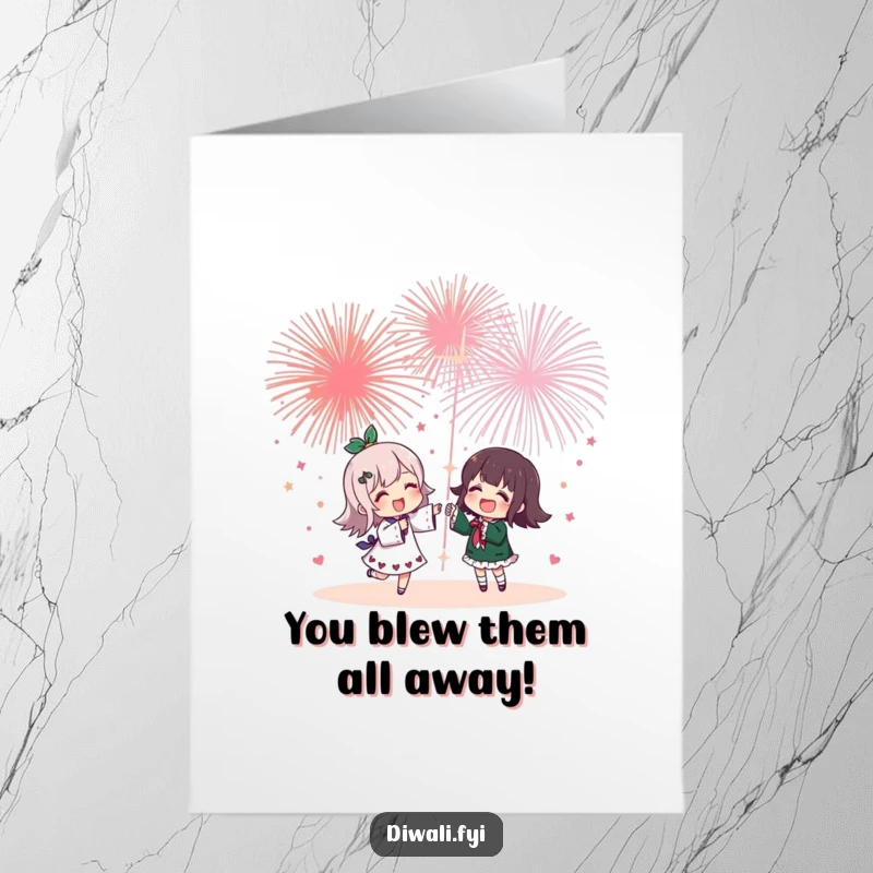 Funny Free Printable Congratulations Card: Cheerful character sharing a spectacular fireworks display with a cheering friend.