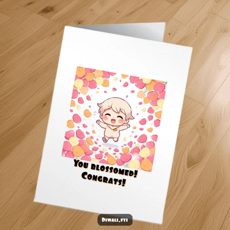 Funny Free Printable Congratulations Card with a giggling character amidst a shower of colorful petals. Celebrating success. Downloadable art.