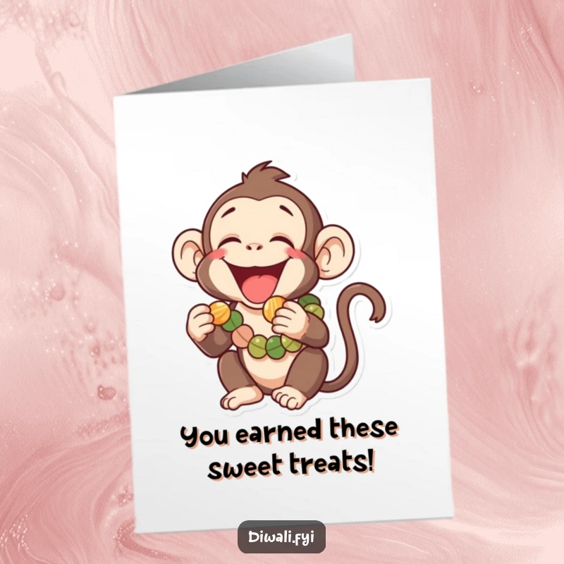 Funny Free Printable Congratulations Card: Laughing Monkey wearing a Garland, Reaching for a Sweet, Celebrating Success