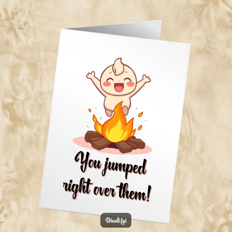 Funny Free Printable Congratulations Card: Happy character enthusiastically leaping over a small bonfire with pure joy.