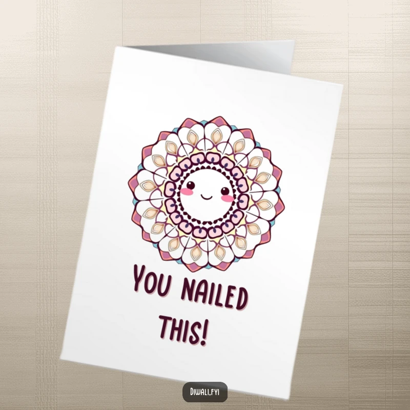 Funny Free Printable congratulations card displaying a brightly smiling rangoli pattern in full spin, symbolizing celebration and success.