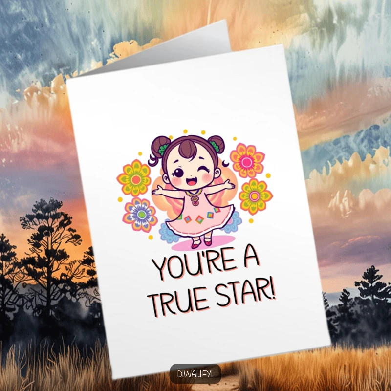 Free Printable Congratulations Card depicting a delighted character dancing with colorful rangoli patterns, a celebration of success.