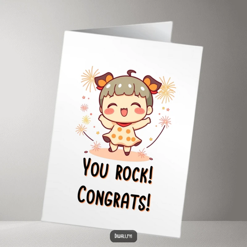 Funny Free Printable Congratulations Card: A character dances gleefully with tiny firecrackers popping, celebrating a big win.