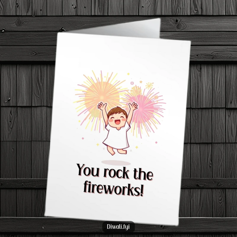Free Printable congratulations card features a character dancing exuberantly with arms raised amidst colorful fireworks, marking a joyous milestone.
