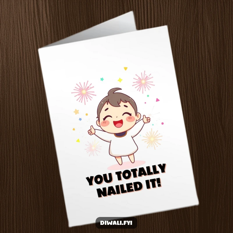 Funny Free Printable Congratulations Card: A happy character wide smile juggling multiple colorful, glowing sparklers.