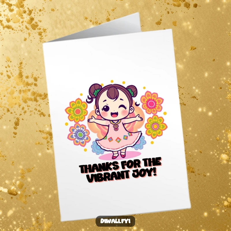 Free Printable Thank You Card: A delighted character dancing with vibrant rangoli patterns, a colorful expression of thanks.
