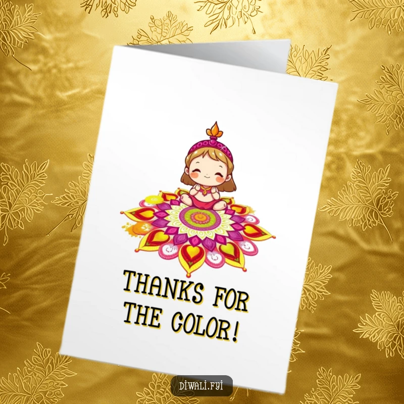 Funny Free Printable Rangoli Decorator Thank You Card: Delighted character creating a vibrant rangoli pattern to say thanks.