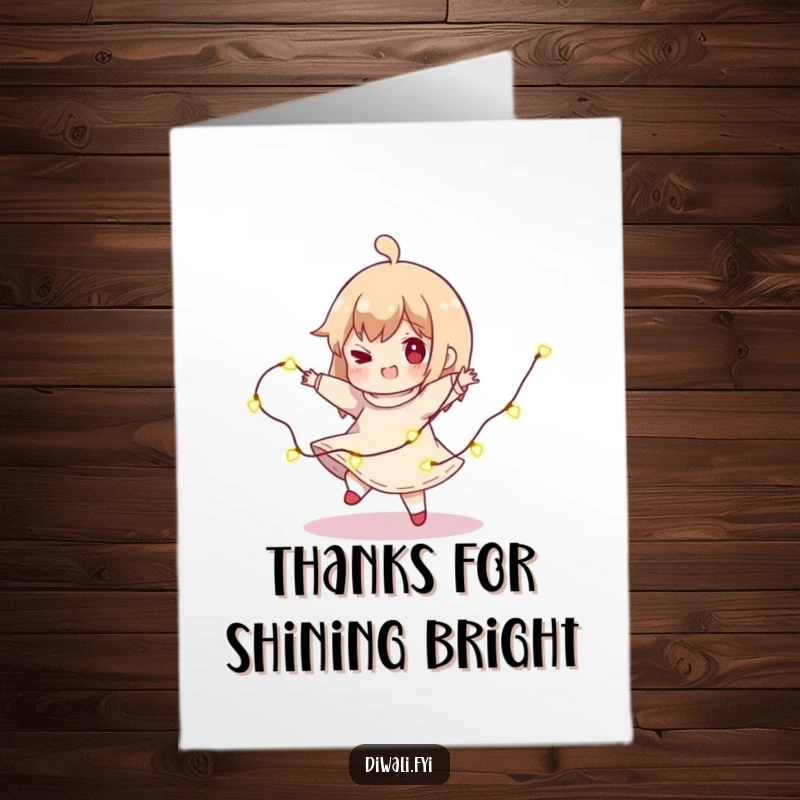 Funny Free Printable Character Thank You Card: Character spins playfully with lights, conveying thanks. Twinkling downloadable card.