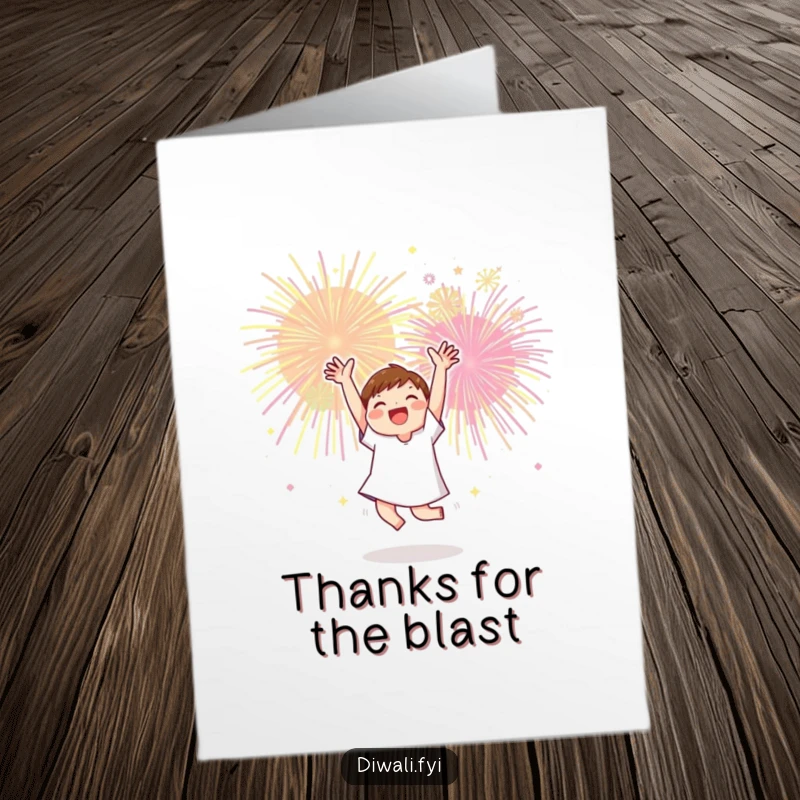 Funny Free Printable thank you card shows a character dancing joyfully beneath a shower of colorful fireworks, a vibrant expression of gratitude.