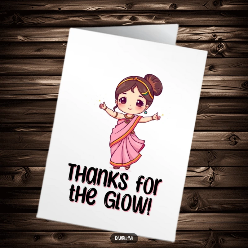 Funny Free Printable Thank You Card depicting a cute character in a sari dancing with sparklers, conveying heartfelt thanks.