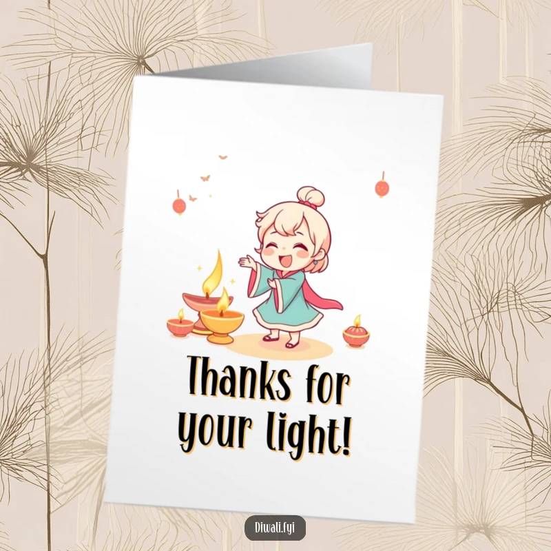 Funny Free Printable Thank You Card: A giggling character dancing merrily near a beautifully glowing diya, expressing thanks.