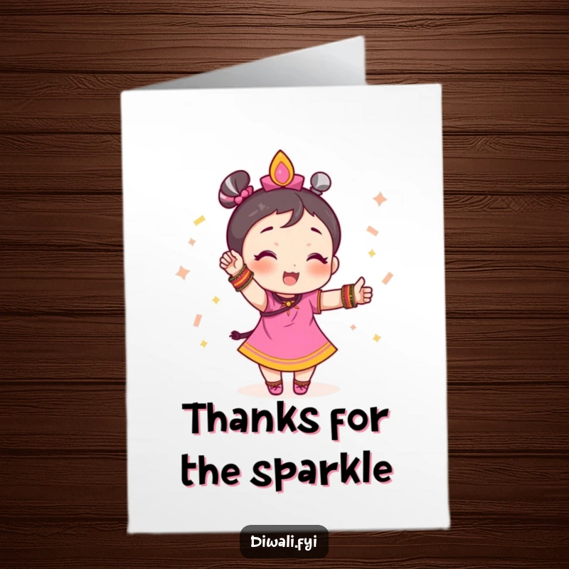 Funny Free Printable thank you card depicts a small character in festive bangles striking a celebratory pose, a stylish way to say thank you.