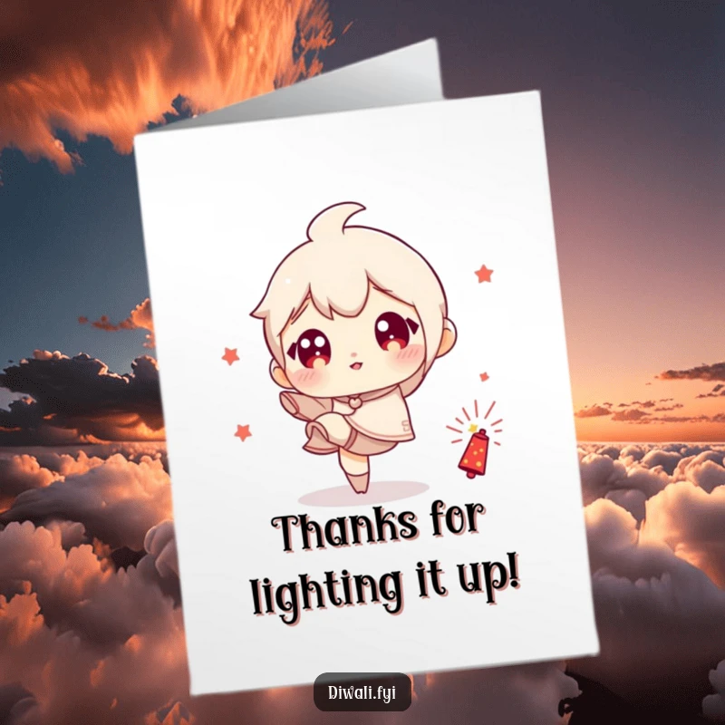 Funny Free Printable Thank You Card: Character with wide eyes playfully kicking a small firecracker, expressing explosive gratitude.