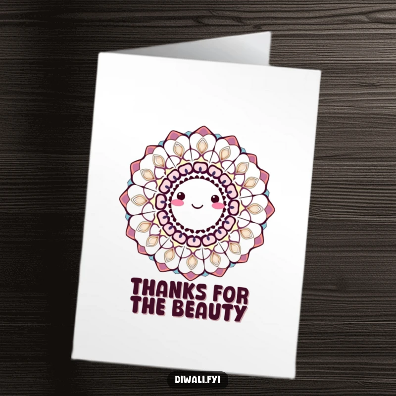 Funny Free Printable thank you card showcasing a smiling rangoli pattern in a joyful spin, conveying warm appreciation.