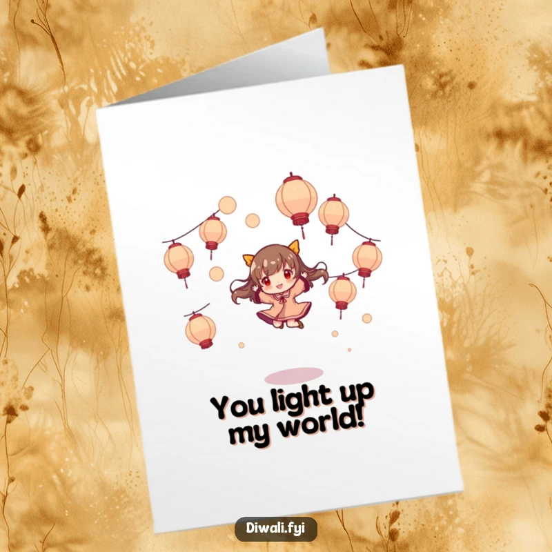 Funny Free Printable Thank You Card: Character playfully jumping and twirling around beautiful floating lanterns, a charming download.