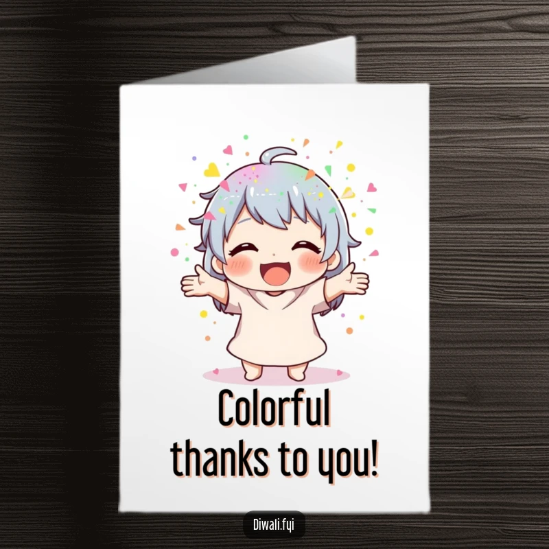 Funny Free Printable Thank You Card: Character joyfully scattering colourful powder with both hands, a vibrant thank you.