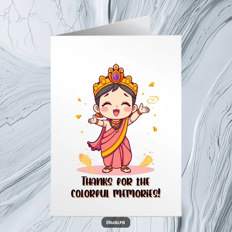 Funny Free Printable Thank You Card: Adorable character in a sari tossing colorful powder, expressing thanks with infectious enthusiasm and joy.