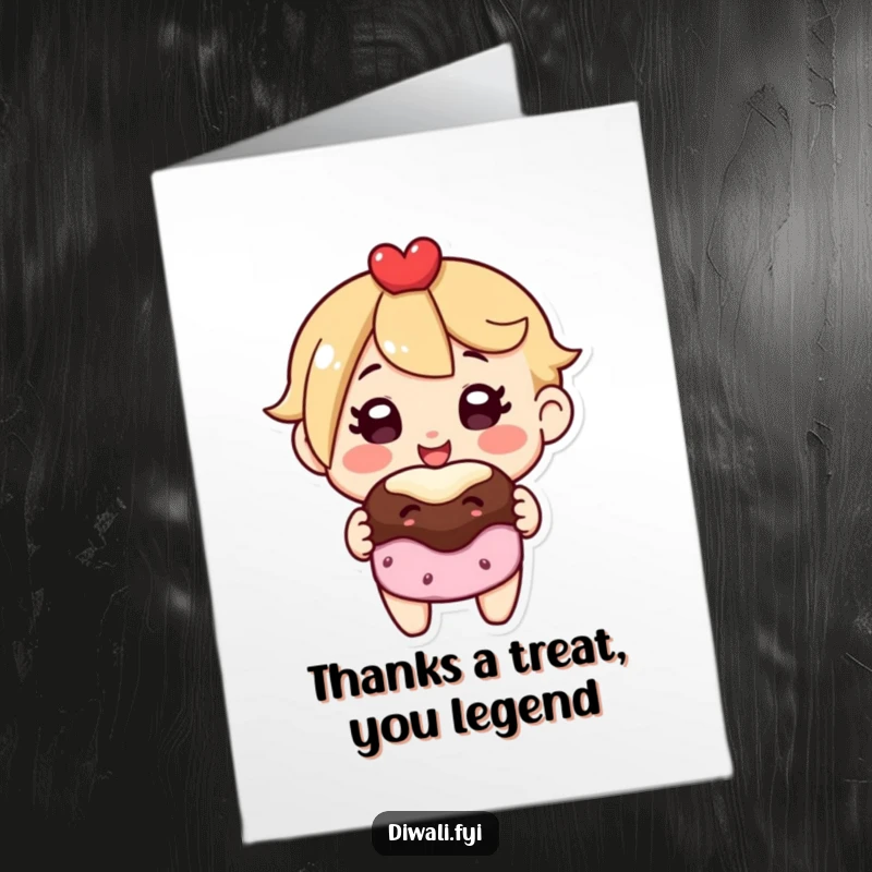Funny Free Printable thank you card showcasing a character with a happy smile offering a sweet treat, a delightful way to say thanks.