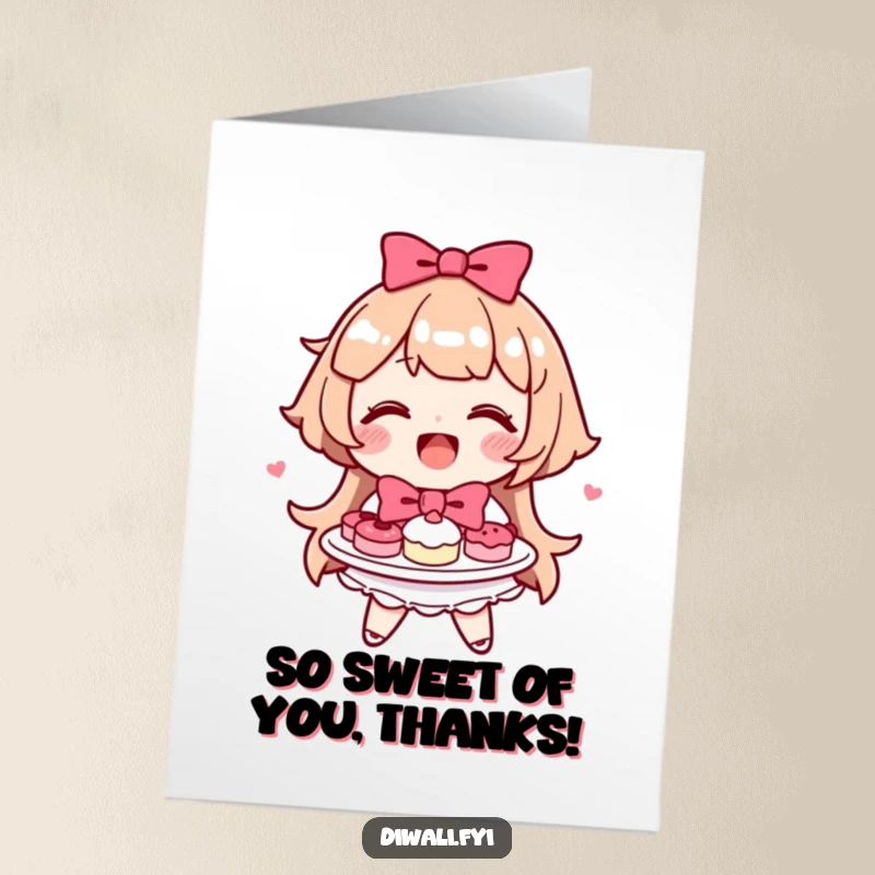 Funny Free Printable Thank You Card: A happy character offers a plate filled with delectable sweets, complete with a ribbon bow.