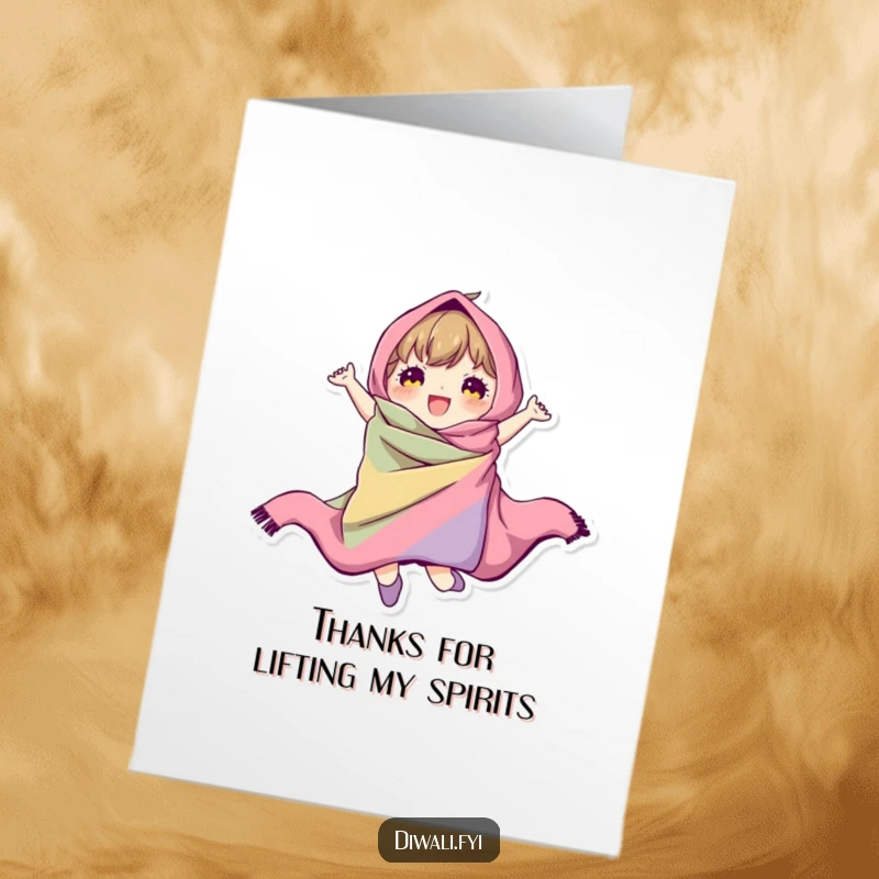 Funny Free Printable thank you card depicting a character in bright fabric jumping with thanks, expressing energetic gratitude.