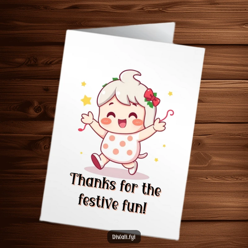 Funny Free Printable Thank You Card of a character doing a happy little dance surrounded by festive decorations, expressing thanks.