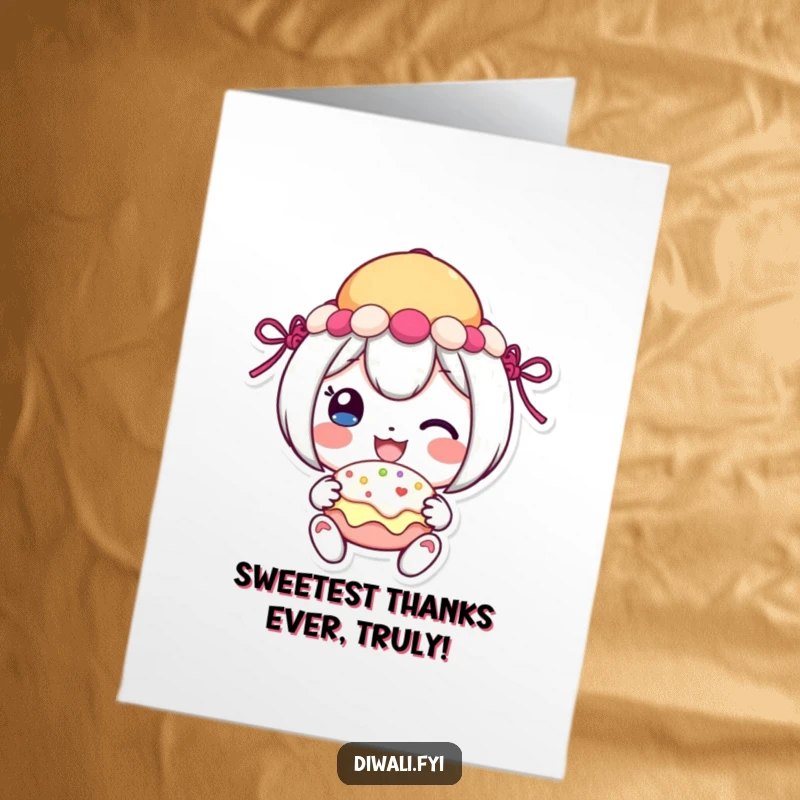 Funny Free Printable Thank You Card: Cheerful character beams while sharing a festive sweet.