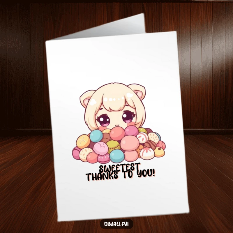Funny Free Printable Thank You Card: Cute character with wide eyes, peeking from behind a pile of sweets, a sweet thank you.