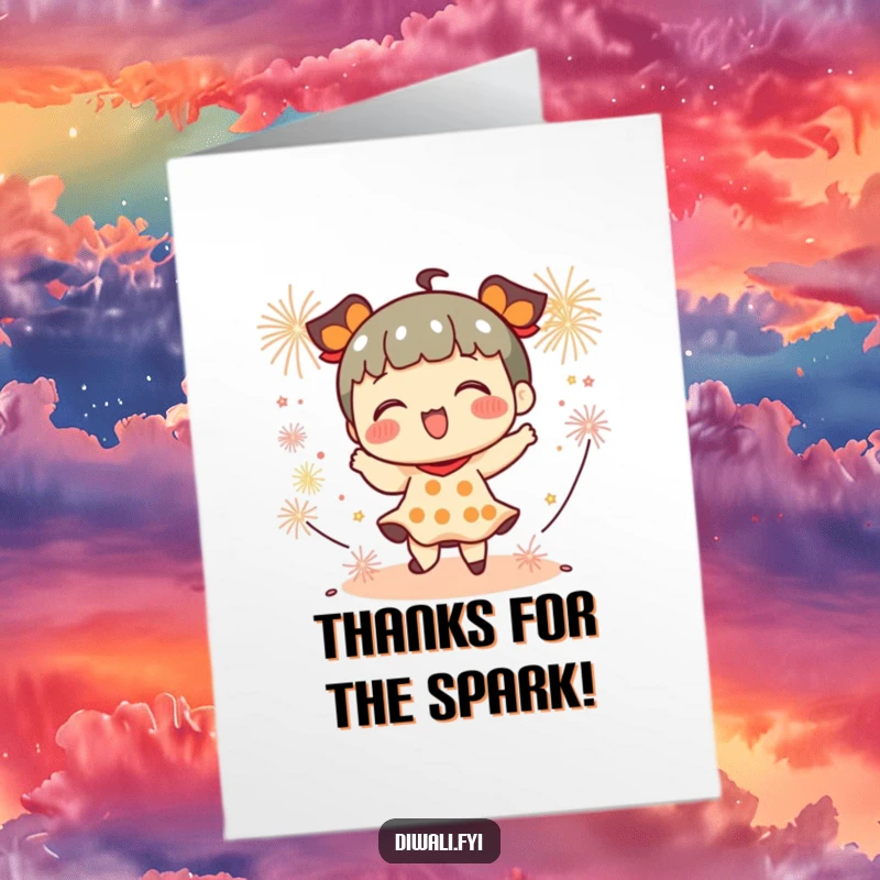 Funny Free Printable Thank You Card: A playful character dances with small, bright firecrackers, expressing thanks with flair.