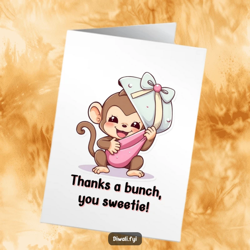 Funny Free Printable Thank You Card: A playful monkey joyfully unwrapping an oversized, shimmering sweet, showing gratitude with excitement.
