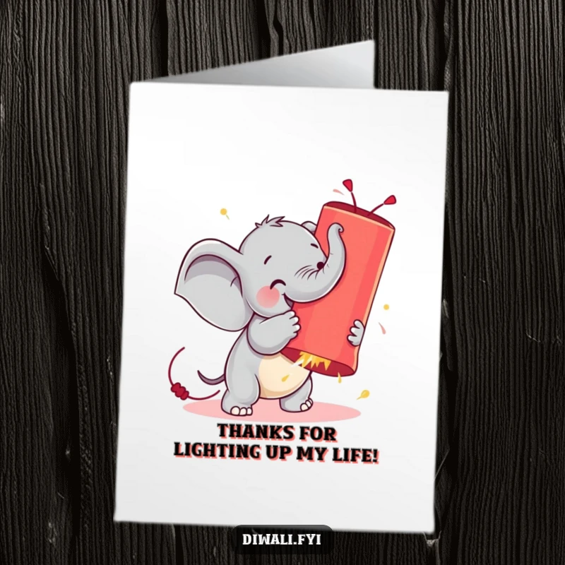 Funny Free Printable Thank You Card: Tiny elephant in a comical struggle with a massive, glowing firecracker, showing big thanks.