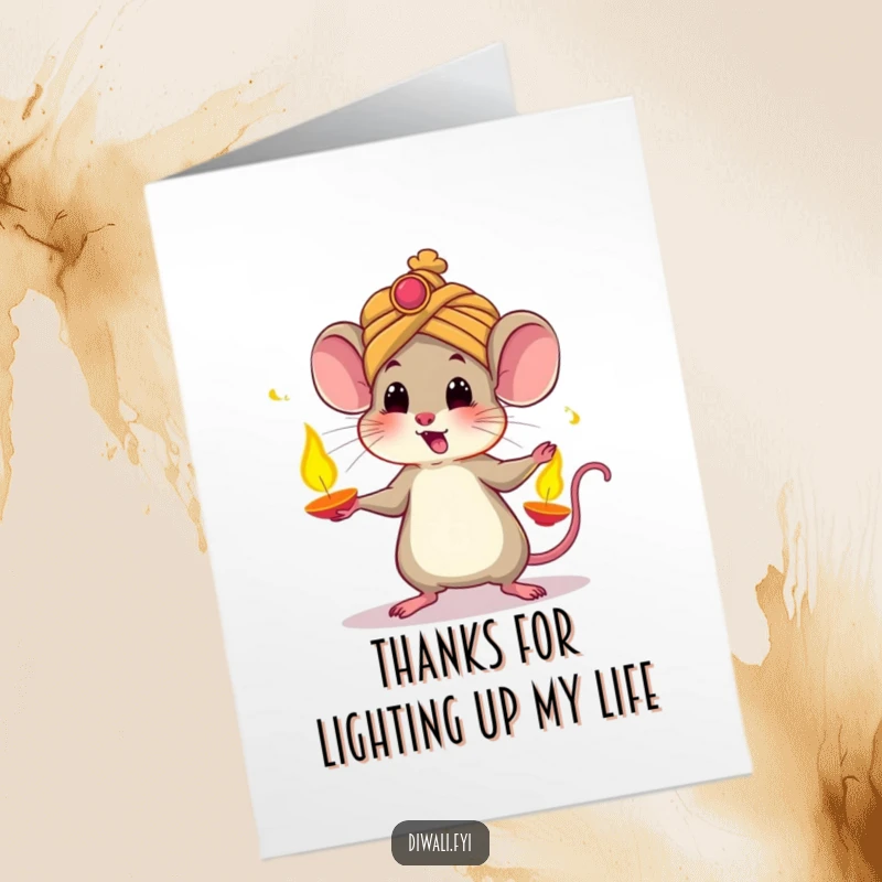 Funny Free Printable Thank You Card: Startled Mouse in Turban Juggling Diyas, Expressing Thanks with Light