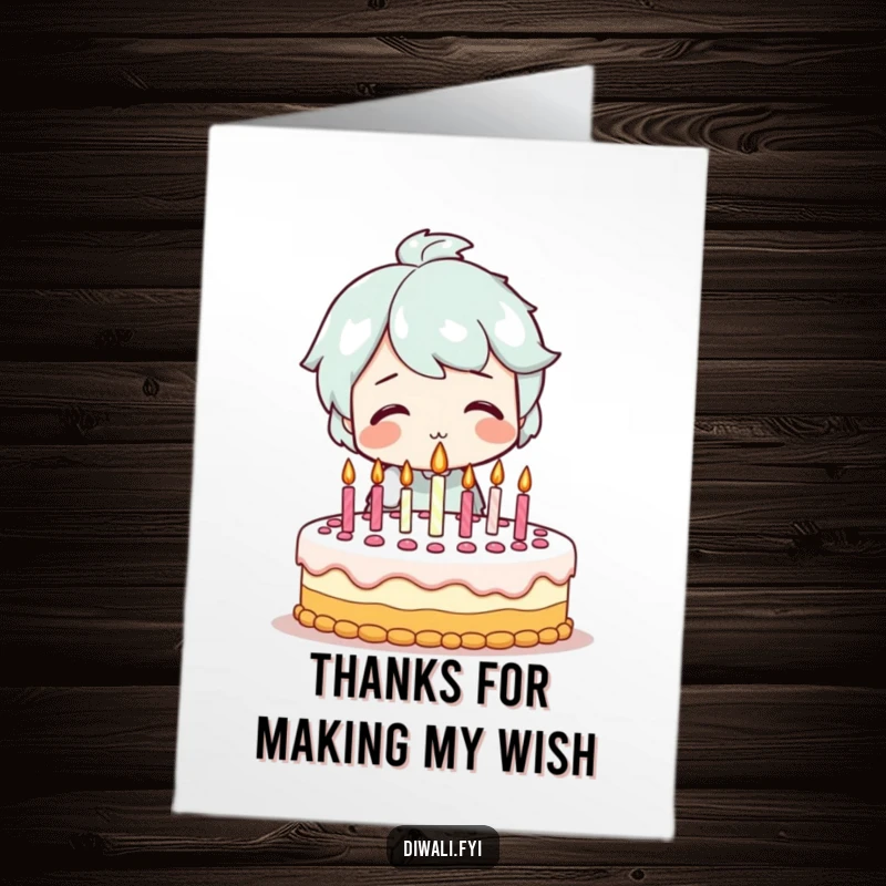 Funny Free Printable Thank You Card: Smiling character blowing out candles on a festive cake, sending thanks.