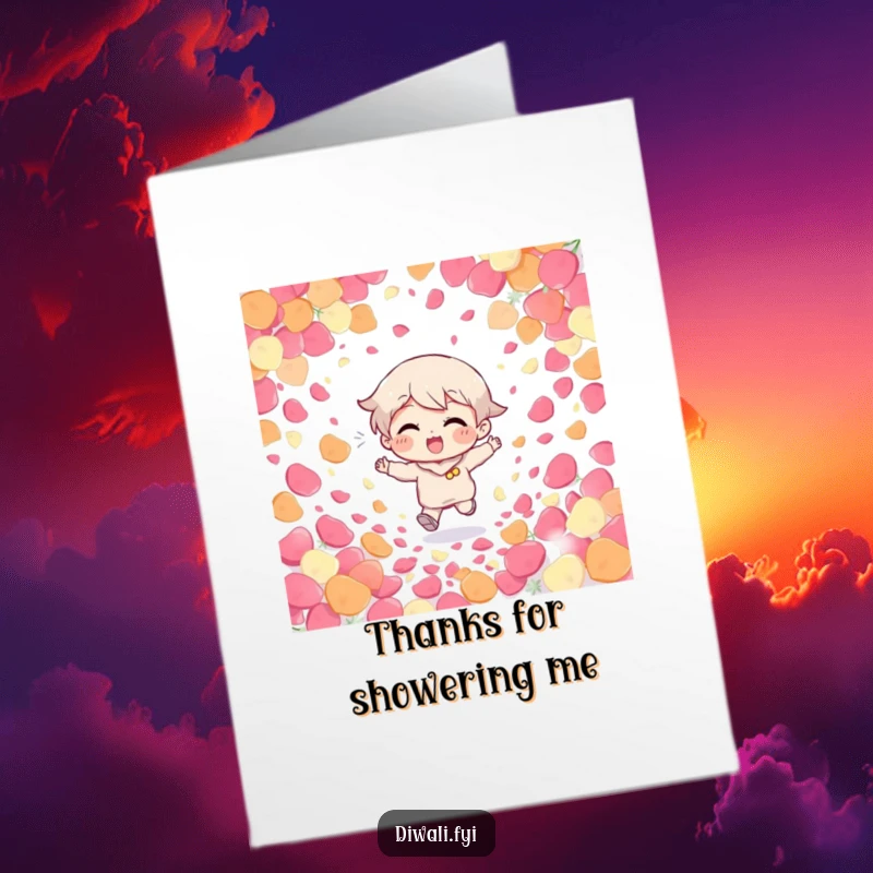 Funny Free Printable Thank You Card featuring a giggling character running through colorful petals. Expressing gratitude. Downloadable art.