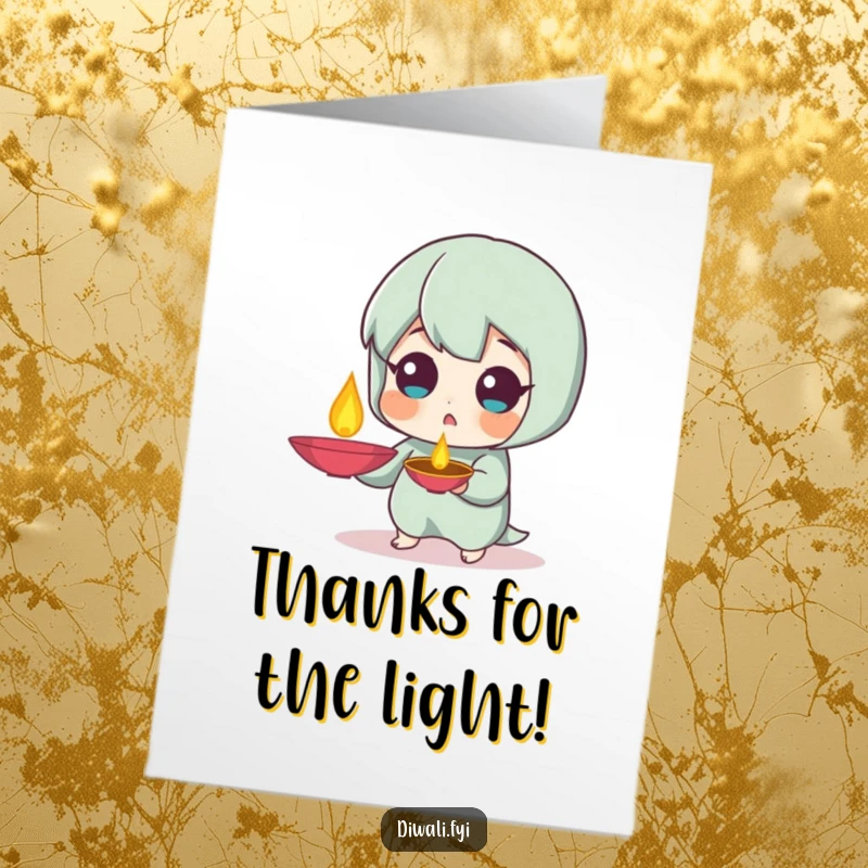 Funny Free Printable Thank You Card: Small character with a surprised expression, holding a diya lamp, a glowing appreciation.