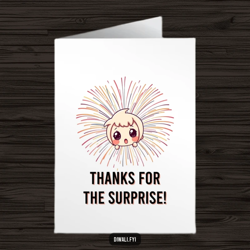 Funny Free Printable Thank You Card: A character with a shocked expression peeking from behind a dazzling firework display.