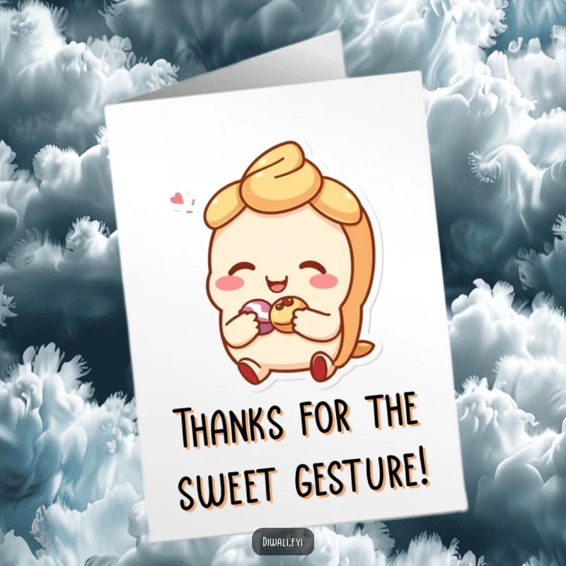 Funny Free Printable Thank You Card featuring a cheerful pastry sharing a treat, conveying heartfelt thanks with humor.