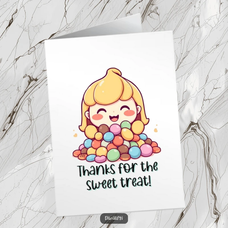 Funny Free Printable Thank You Card of a character beaming with a generous grin while presenting a large mound of tempting sweets.