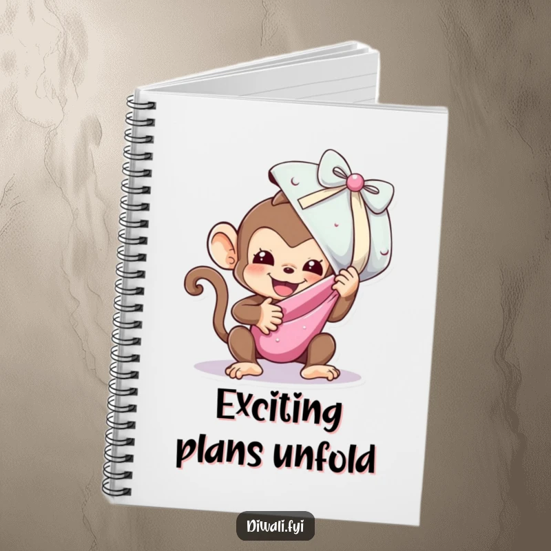 Funny notebook cover featuring a playful monkey eagerly unwrapping a large, shimmering sweet, perfect for exciting note-taking.